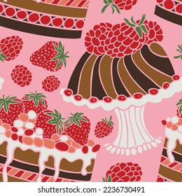 Vector pink bright cakes and fruit seamless pattern design. Perfect for fabric, scrapbooking, wallpaper, wrapping paper, projects.