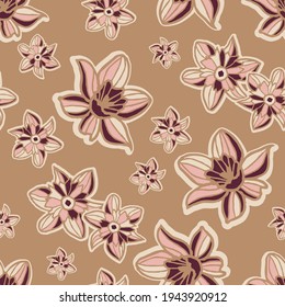 Vector pink brown flowers boho seamless pattern 
