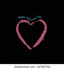 Vector pink brush drawing calligraphy Heart - retro style. Love symbol on black background. Stylish card for Valentines Day