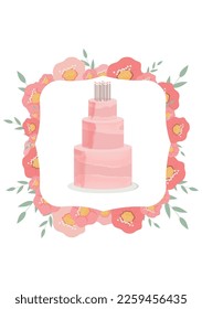 vector with pink bunk cake in floral frame. illustration of a wedding invitation card, birthday with a delicate cake with pink strokes