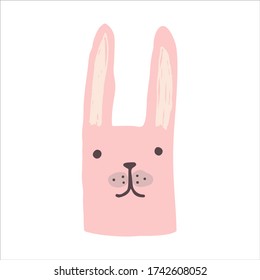 Vector pink bunny or rabbit on white background. Cute hand drawn cartoon animal. Flat element for your design, perfect for card, sticker, poster, packaging, t shirt print or baby cloth.