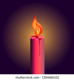 Vector pink burning candle with light glow on dark background