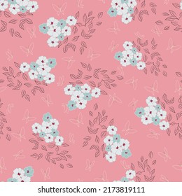 Vector pink butterflies garden seamless repeat pattern background. 