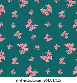 Vector pink butterflies pattern on dark green background
