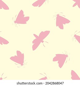 Vector pink butterfly on pastel yellow background. Seamless pattern backdrop with varied silhouettes of butterflies. Simple flying bugs scattered design. All over print for baby shower, wellness