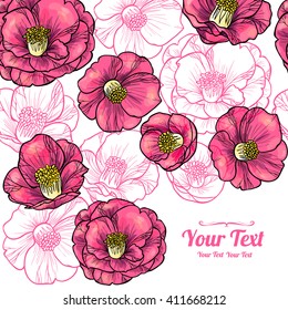 Vector  pink camellia  flowers frame corner pattern . Invitation or greeting card design.Vector illustration