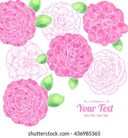 Vector pink camellia flowers frame corner pattern . Invitation or greeting card design.Vector illustration