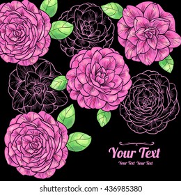 Vector pink camellia flowers frame corner pattern . Invitation or greeting card design.Vector illustration