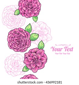 Vector  pink camellia  flowers vertical frame seamless pattern background . Invitation or greeting card design.Vector illustration