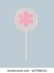 
Vector Pink Candy On A Blue Background. Transparent Lollipop