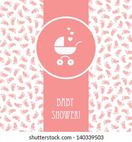 Vector pink card with baby buggy and seamless pattern with footprints on background