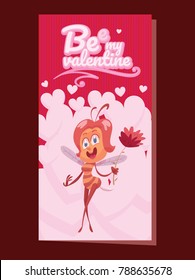 Vector pink card "Bee my Valentine" with white hearts and with cartoon image of a funny yellow-brown striped female bee with a red flower in her hand on a red background. Valentine's Day, holiday.