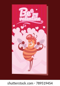 Vector pink card "Bee my Valentine" with white hearts and with cartoon image of a funny yellow-brown striped male bee showing his muscles on a red background. Valentine's Day, holiday.