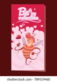 Vector pink card "Bee my Valentine" with white hearts and with cartoon image of a funny yellow-brown striped male bee with a red flower in his hand on a red background. Valentine's Day, holiday.