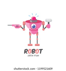 vector pink cartoon cute flat robot icon isolated on transparent background. pink funny robot logo design template