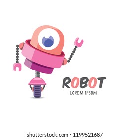 vector pink cartoon cute flat robot icon isolated on transparent background. pink funny robot logo design template