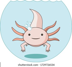 Vector of a Pink Cartoon Mexican Axolotl inside a fish tank