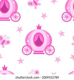 Vector pink cartoon seamless pattern for a wrapping paper, girlish nursery apparel template with butterflies, stars, carriages.