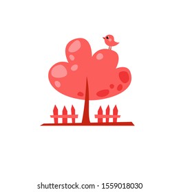 Vector pink cartoon tree with a bird and a fence. Cute garden illustration. Romantic card