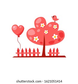 Vector pink cartoon tree with a bird, white flowers, a baloon in the shape of heart and a fence. Cute garden illustration. Romantic card. Saint Valentines Day