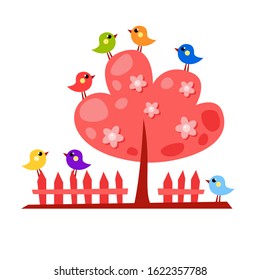 Vector pink cartoon tree with seven birds in rainbow colors, flowers and a fence. Cute garden illustration. Romantic card. 