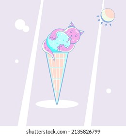 Vector pink cat, kitten, kitty eating an ice cream on sunny day. Colorful feline pet lying on a big ice cream, sweet and enjoying an ice cream ball, framed by sun, circles and rays of light.
