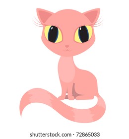 Vector Pink Cat Kitty Pussicat Sits Big Eyes Stripped Tail.