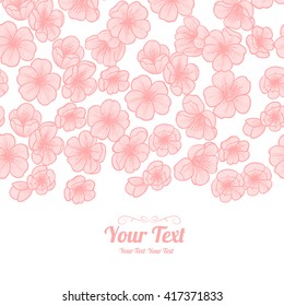 Vector pink cherry blossoms horizontal frame pattern background . Invitation or greeting card design.Vector illustration