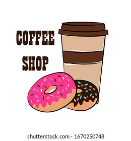 Donuts vectoriales de color rosa y chocolate y taza de café. Cafetera con plantilla vectorial con donuts. Donuts y café aislados. Logotipo de donut y café dulce.