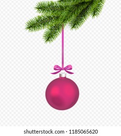 Vector pink christmas decoration with pine branch isolated on transparent background.
