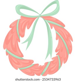 Vector pink Christmas wreath with a green bow, symbolizing the holiday spirit and festive mood, isolated on a white background. Ideal for seasonal decorations and Christmas celebrations