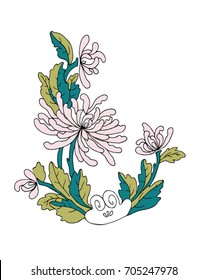 Vector pink chrysanthemums illustration in ancient Japanese style. 