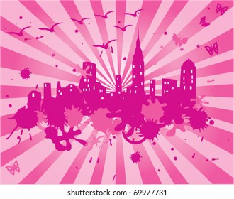 vector pink city background with birds and butterflies