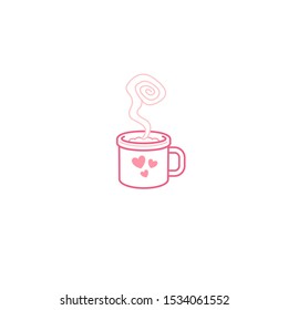 Vector pink coffee or tea mug logo isolated on a white background. Stylized cup for Valentine greeting card, line art icon, romantic symbol. Decoration for greetings on 14 Febriary, Valentine 's Day.