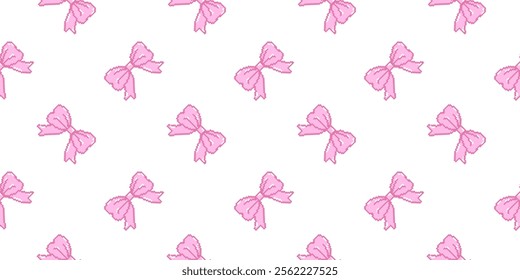 Vector pink color Ribbon bow seamless pattern on white. Tie in pixel art style isolated illustration and sticker. Design for Valentine card, birthday element, celebration, items for game, and more