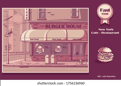 Fondo de color rosa vectorial Burger House en Nueva York, EEUU. Para impresiones a petición, presentaciones de powerpoint y keynote, anuncios y comerciales, revistas y periódicos, portadas de libros