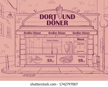 Vector pink colored background cafe in Dortmund, Germany. Image of fast food cafe. For web, video, interface, design, handout, news-sheet.