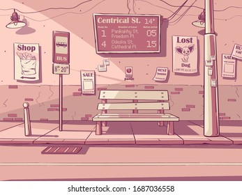 Vector pink colored bus stop background illustration. Image of a bench with the arrival schedule of transport, the name of the stop. Advertisements on the wall.