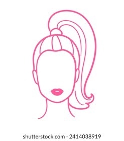 Vector pink colored illustration of female portrait with ponytail vintage hairstyle