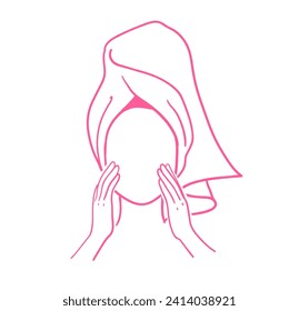 Vector pink colored illustration sketch of woman applying cream wrapped with towel