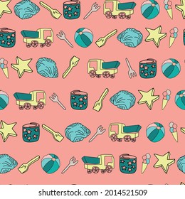 Vector Pink Colorful Beach Doodle Horizontal Background pattern