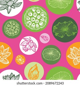 Vector pink colourful lotus tropical flowers and water lily pads seed pods in circles repeat pattern. Suitable for textile, gift wrap and wallpaper.