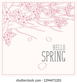 Vector pink contour drawing of leaves, buds and flowers on the branches of blooming tree and inscription Hello Spring.
