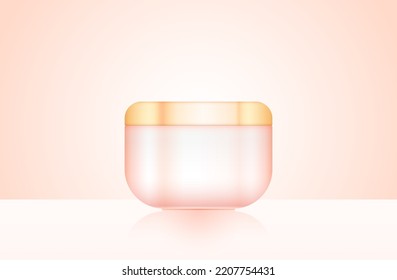 Vector pink cosmetic plastic bottle banner. Makeup cream matt tube realistic illustration. Face cream glass 3d container on podium. Advertising premium cosmetology poster. Promo design spa lotion jar