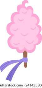 Vector pink cotton candy on stick decorated with purple band. Fairytale themed birthday dessert. Cute magic candy bar design element. Sweet caramel icon
