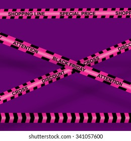 Vector pink crossed striped sale band with shadow like tape police lines with superscription "attention", "cross", "discount", "black friday" on purple background, can be separate  and edit