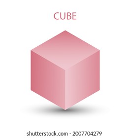 Vector pink cube with gradients for game, icon, packaging design or logo. Cube illustration isolated on white background. Minimalist style abstract cube icon. Platonic solid. Icon.