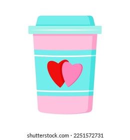 Vector pink cup of coffee or tea cups with two hearts. Colorful art design for printing greeting card, invitation, poster, cafe menu