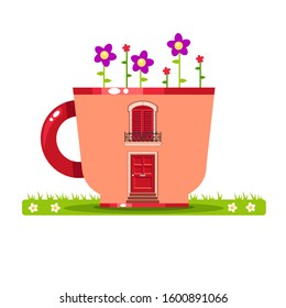 Vector pink cup house on grass with a window with shutters, a door and purple flowers. Cute child summer illustration in a cartoon style. Bright lawn with flowers. Sweet home