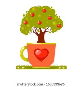 Vector pink cup with a red heart and a big tree with apples. Cute child summer illustration in a cartoon style. Bright cozy tree. Saint Valentines Day card. Strange garden